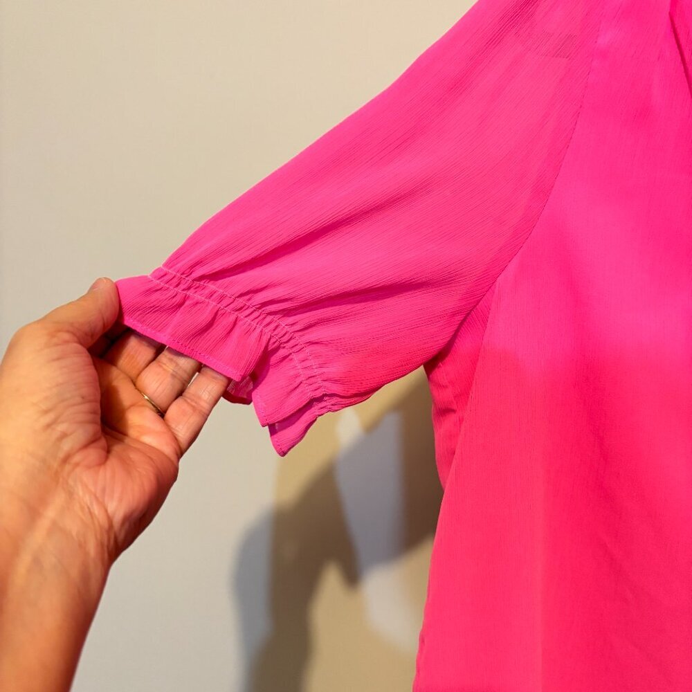 J. Crew Pink Ruffle Short Sleeve Button Front Blouse - Picture 4 of 11